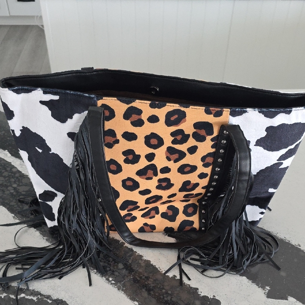 Leopard Print and Black Fringe Tote Bag